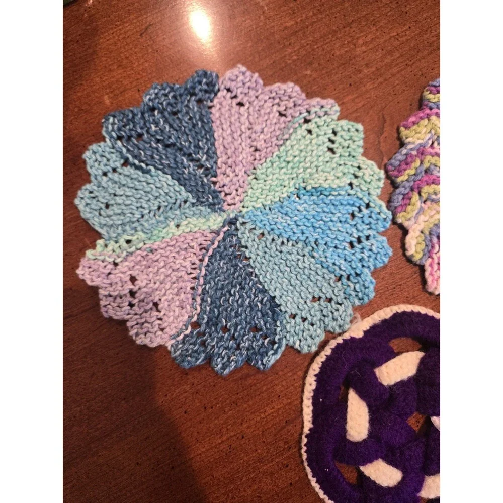 Handmade Knit/Crochet Potholder Trivets Lot of 3 Round Multicolor Purple/White